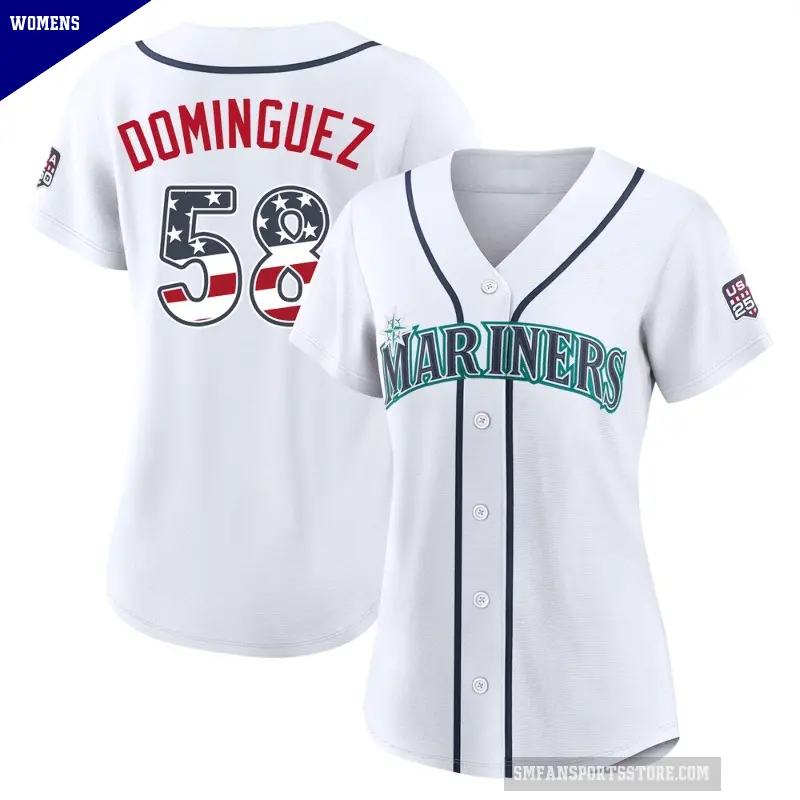 Women's No.58 Seranthony Dominguez Seattle Mariners White Limited USA 250 Fourth Of July Home Stadium Jersey
